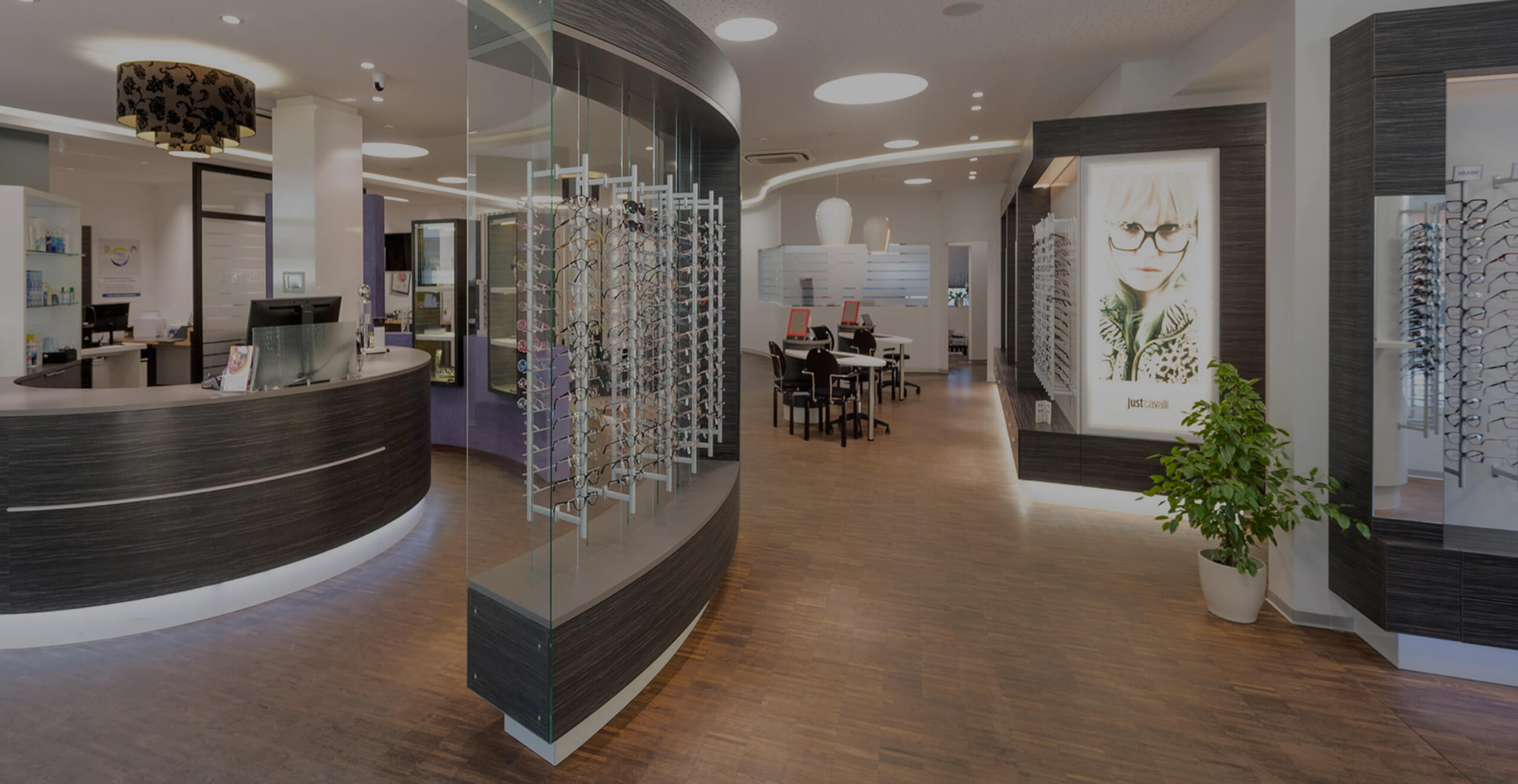 Modernes Optikergeschäft mit vielen Brillen und Empfang.